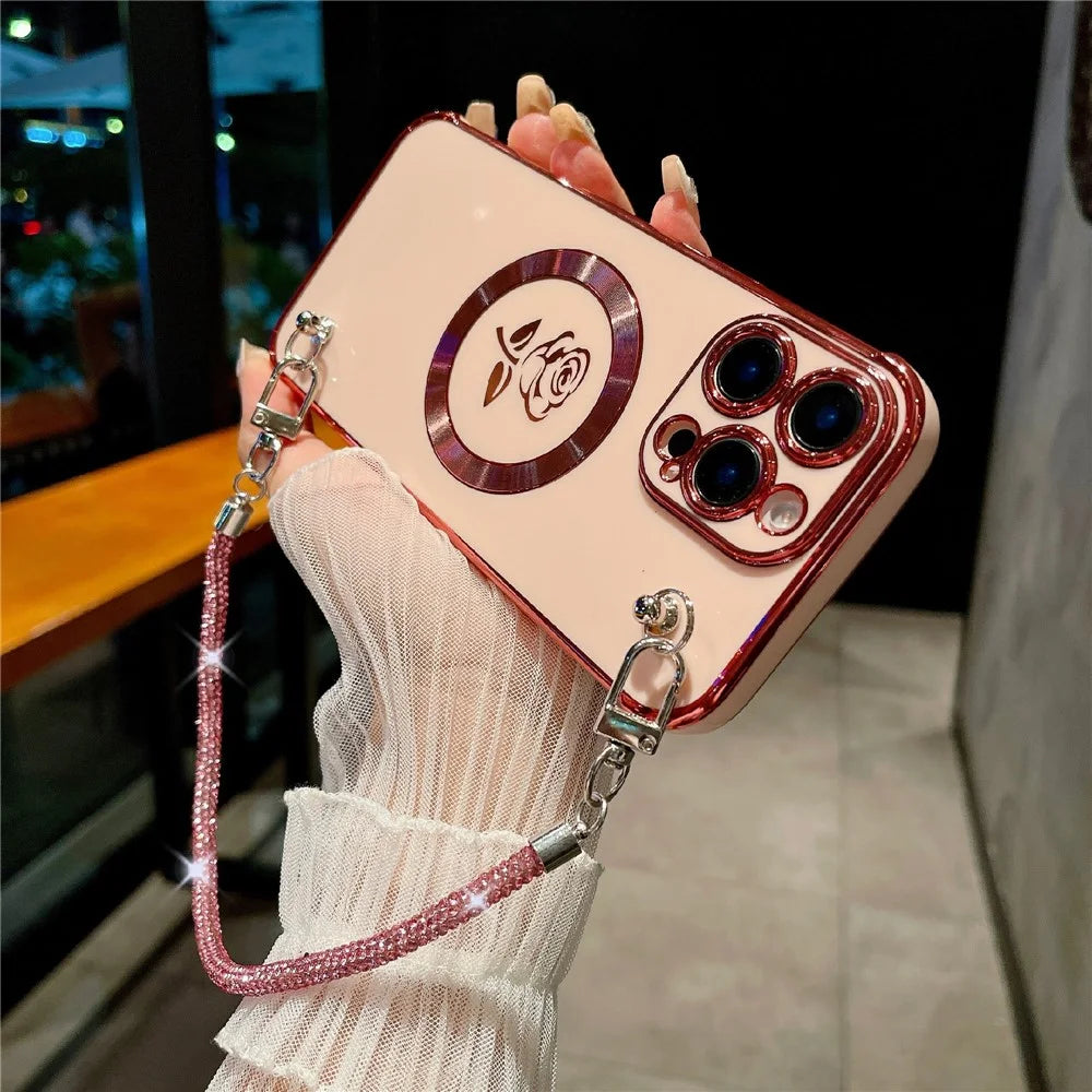 For iPhone 16 Pro Magnetic Case with Rhinestones Strap Rose Flower Electroplated TPU Phone Cover - Rose Pink - 2