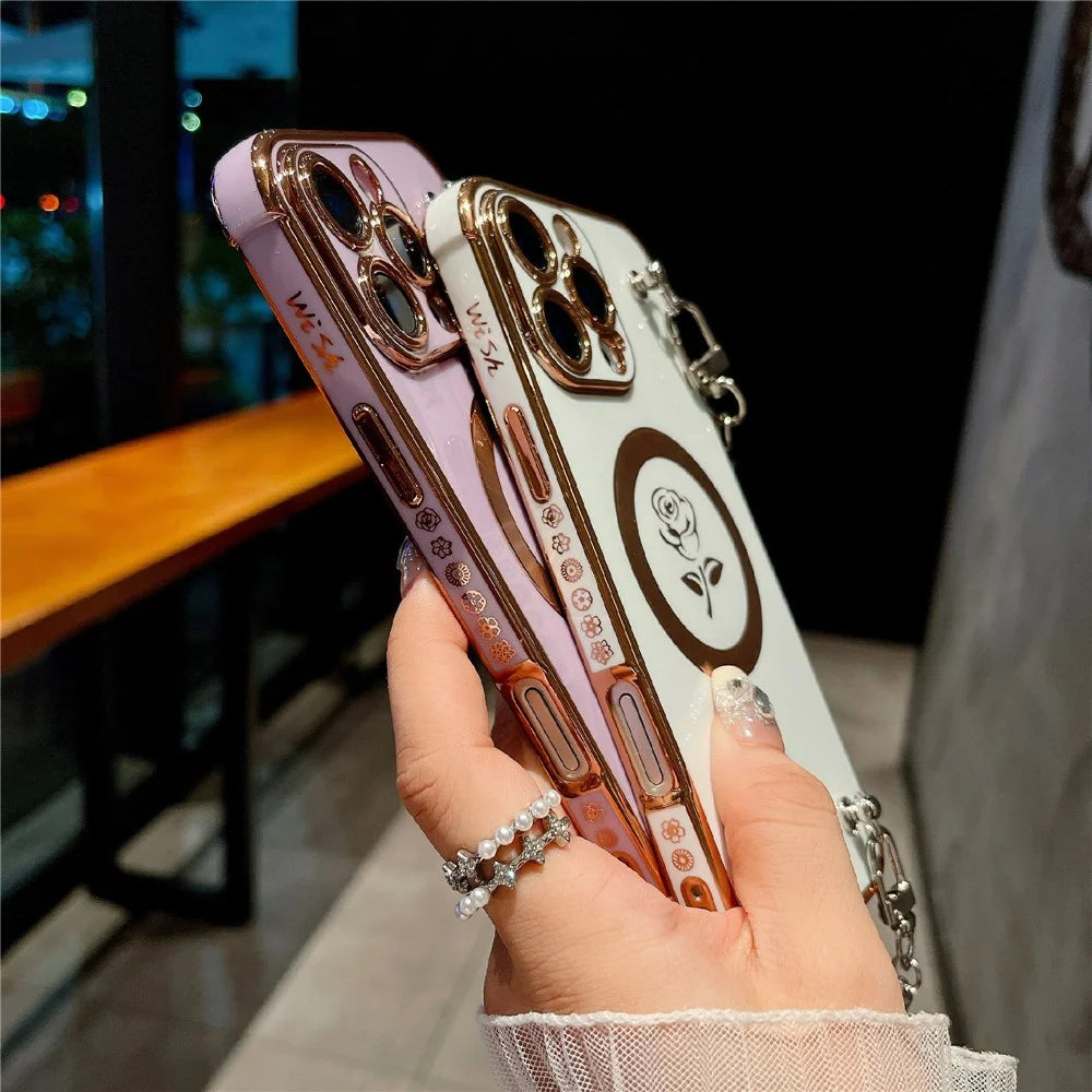 For iPhone 16 Pro Magnetic Case with Rhinestones Strap Rose Flower Electroplated TPU Phone Cover - Rose Pink - 7