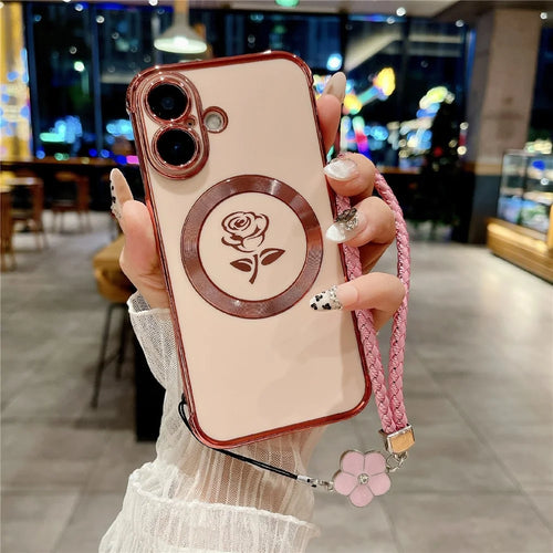 For iPhone 16 Magnetic Case with Braided Strap Rose Flower Electroplated TPU Phone Cover - Rose Pink - 1