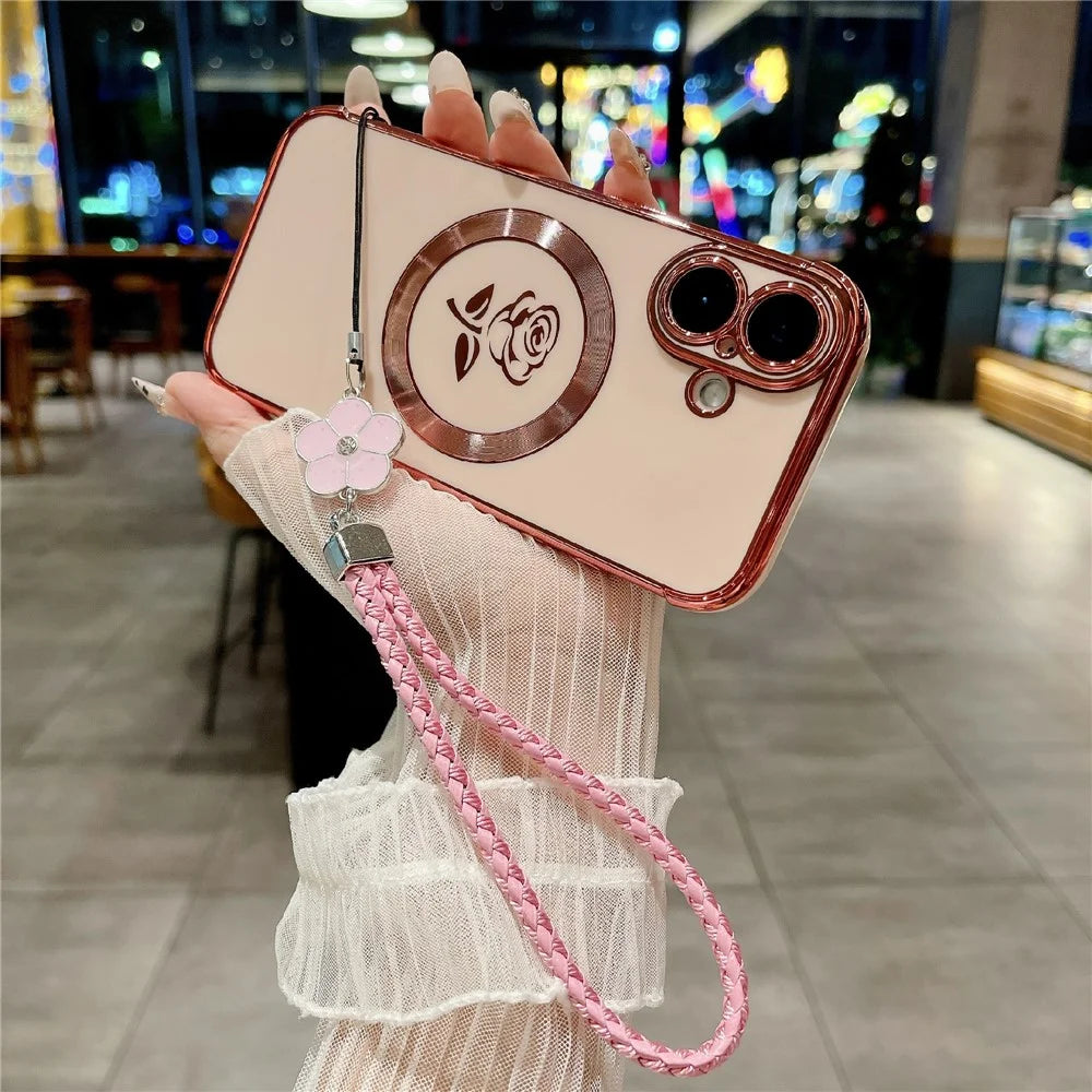 For iPhone 16 Magnetic Case with Braided Strap Rose Flower Electroplated TPU Phone Cover - Rose Pink - 2