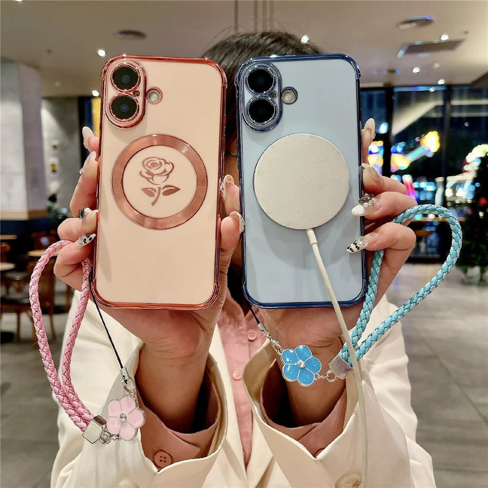 For iPhone 16 Magnetic Case with Braided Strap Rose Flower Electroplated TPU Phone Cover - Rose Pink - 3