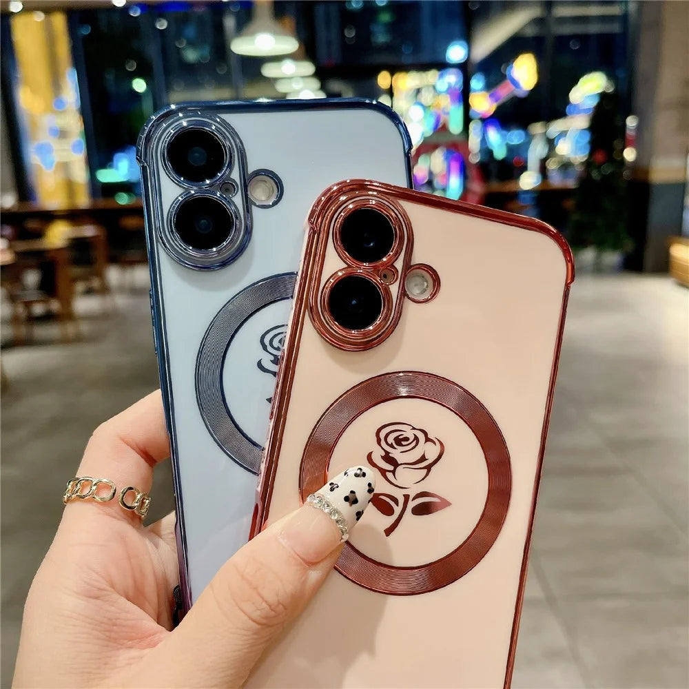 For iPhone 16 Magnetic Case with Braided Strap Rose Flower Electroplated TPU Phone Cover - Rose Pink - 5