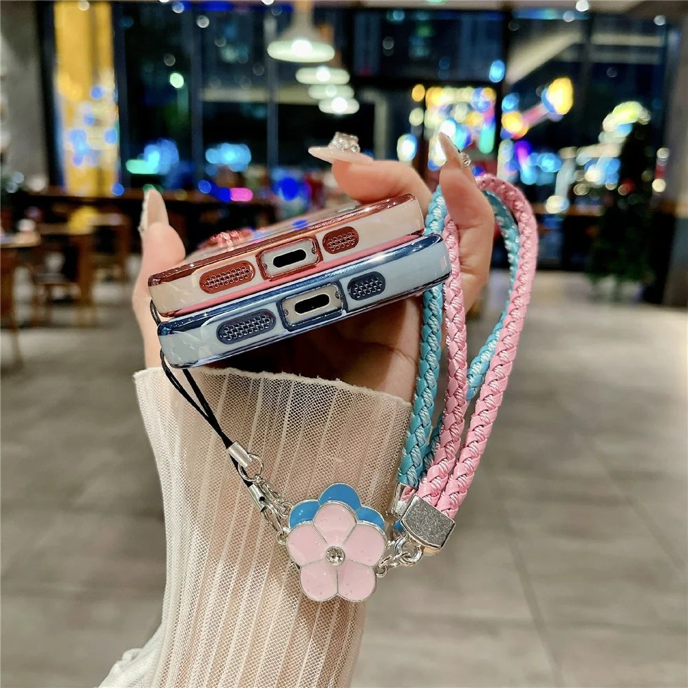 For iPhone 16 Magnetic Case with Braided Strap Rose Flower Electroplated TPU Phone Cover - Rose Pink - 7