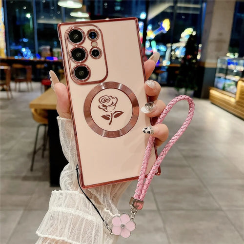For Samsung Galaxy S25 Ultra Magnetic Case with Braided Strap Rose Flower Electroplated TPU Phone Cover - Rose Pink - 1