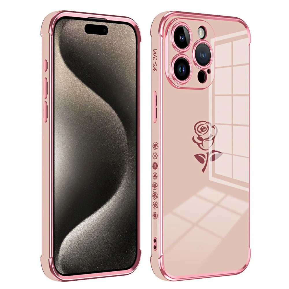 For iPhone 15 Pro Max Case Electroplating Edge Rose Pattern TPU Phone Back Cover Airbag Drop Proof - Rose Pink - 1