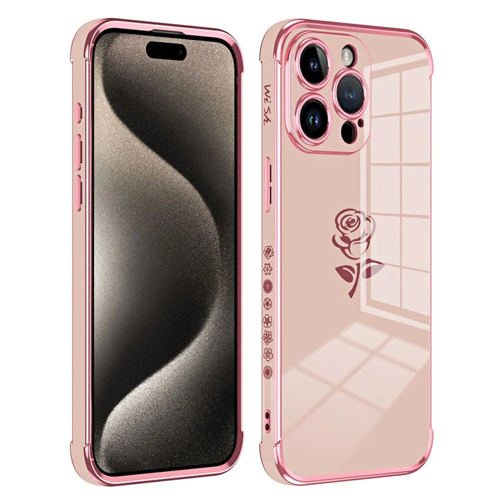 For iPhone 15 Pro Max Case Electroplating Edge Rose Pattern TPU Phone Back Cover Airbag Drop Proof - Rose Pink - 1