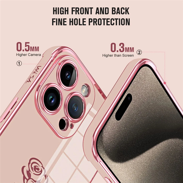 For iPhone 15 Pro Max Case Electroplating Edge Rose Pattern TPU Phone Back Cover Airbag Drop Proof - Rose Pink - 3