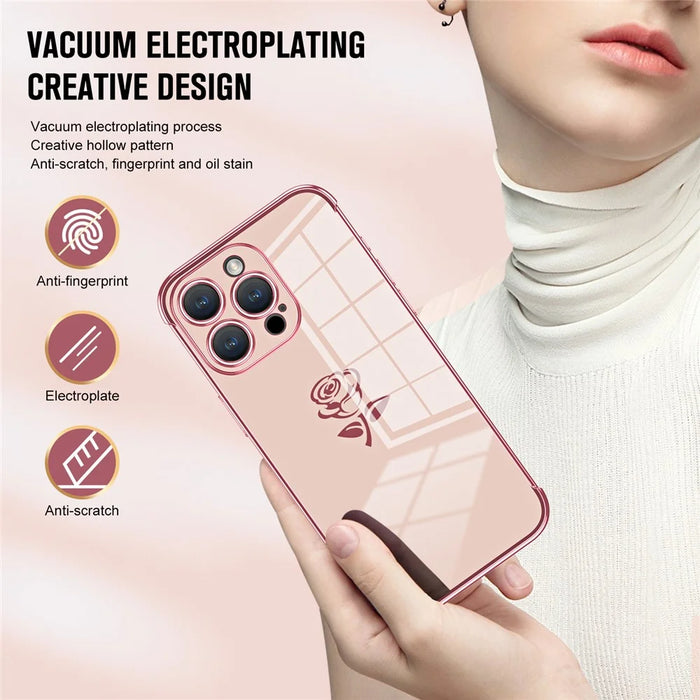 For iPhone 15 Pro Max Case Electroplating Edge Rose Pattern TPU Phone Back Cover Airbag Drop Proof - Rose Pink - 4
