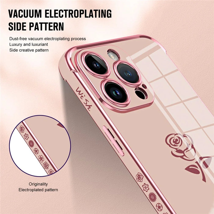 For iPhone 15 Pro Max Case Electroplating Edge Rose Pattern TPU Phone Back Cover Airbag Drop Proof - Rose Pink - 5