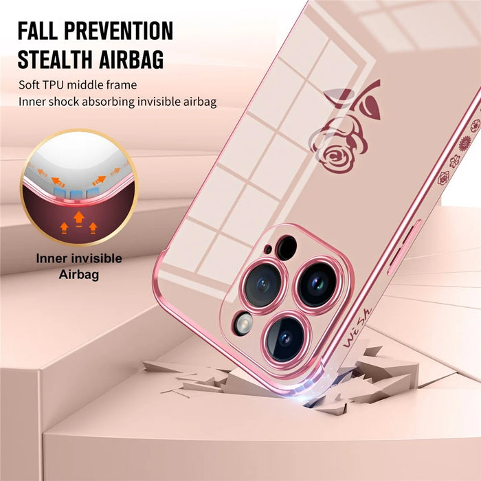 For iPhone 15 Pro Max Case Electroplating Edge Rose Pattern TPU Phone Back Cover Airbag Drop Proof - Rose Pink - 6