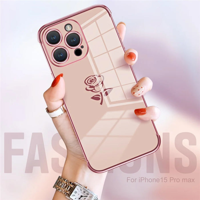 For iPhone 15 Pro Max Case Electroplating Edge Rose Pattern TPU Phone Back Cover Airbag Drop Proof - Rose Pink - 7