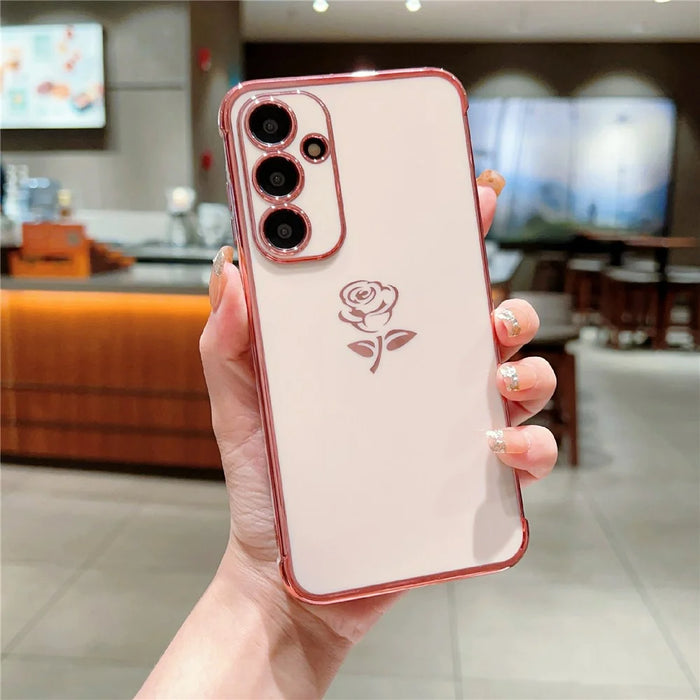For Samsung Galaxy S25 Case Electroplating Edge Rose Pattern TPU Phone Back Cover Airbag Drop Proof - Rose Pink - 2