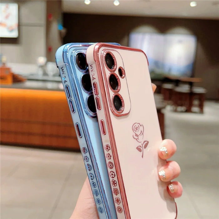 For Samsung Galaxy S25 Case Electroplating Edge Rose Pattern TPU Phone Back Cover Airbag Drop Proof - Rose Pink - 6