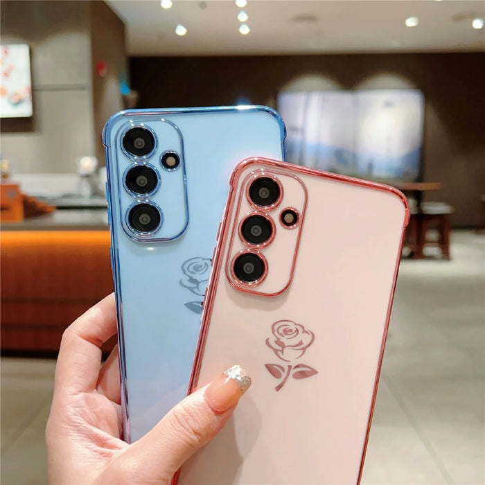 For Samsung Galaxy A55 5G Case Electroplating Edge Rose Pattern TPU Phone Back Cover Airbag Drop Proof - Rose Pink - 4