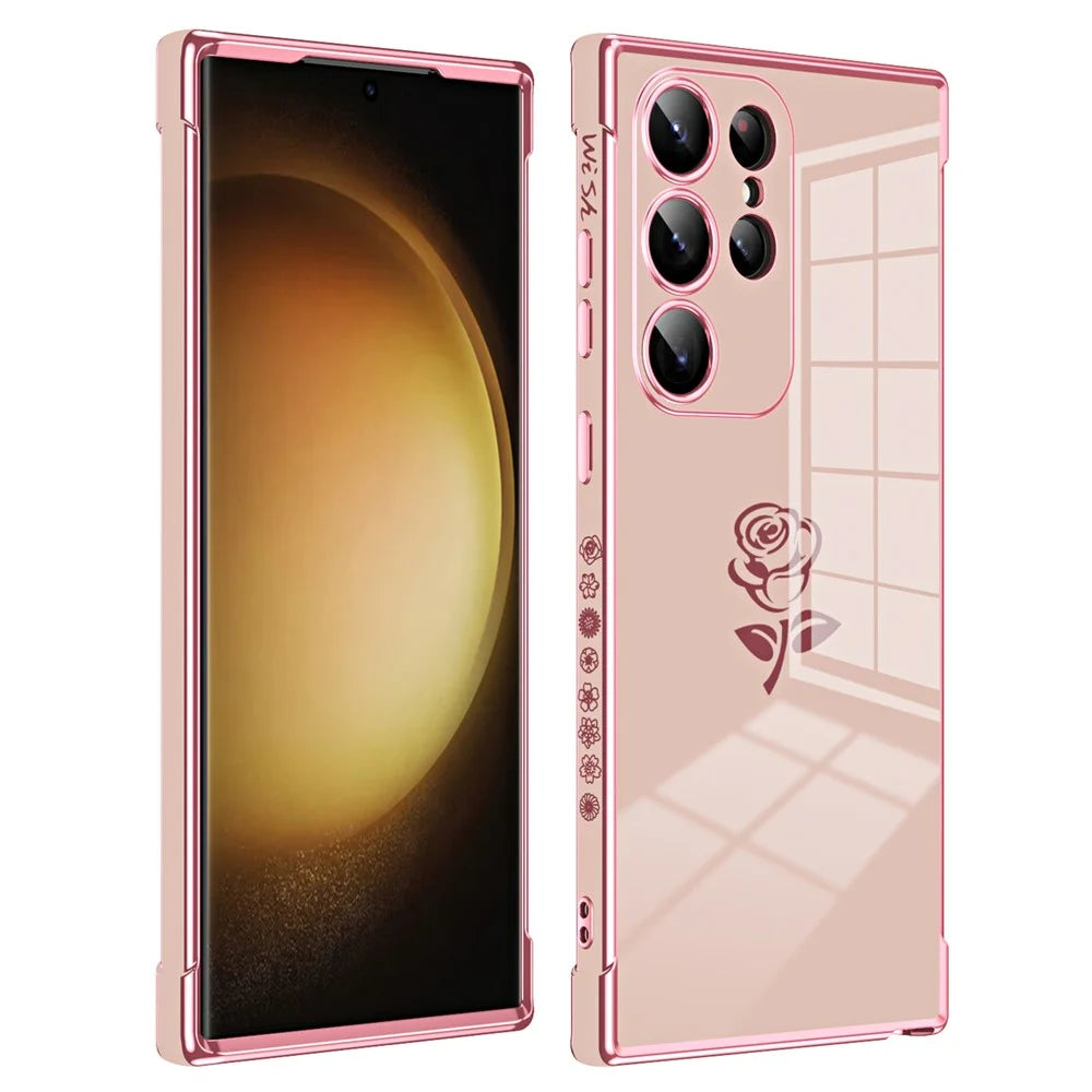 For Samsung Galaxy S24 Ultra Case Electroplating Edge Rose Pattern TPU Phone Back Cover Airbag Drop Proof - Rose Pink - 1