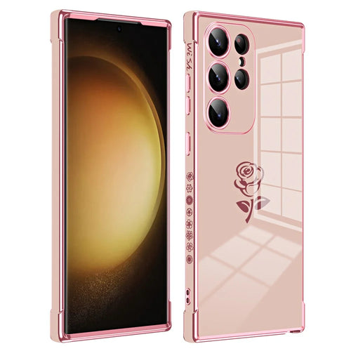 For Samsung Galaxy S24 Ultra Case Electroplating Edge Rose Pattern TPU Phone Back Cover Airbag Drop Proof - Rose Pink - 1