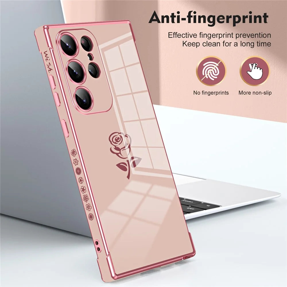 For Samsung Galaxy S24 Ultra Case Electroplating Edge Rose Pattern TPU Phone Back Cover Airbag Drop Proof - Rose Pink - 2