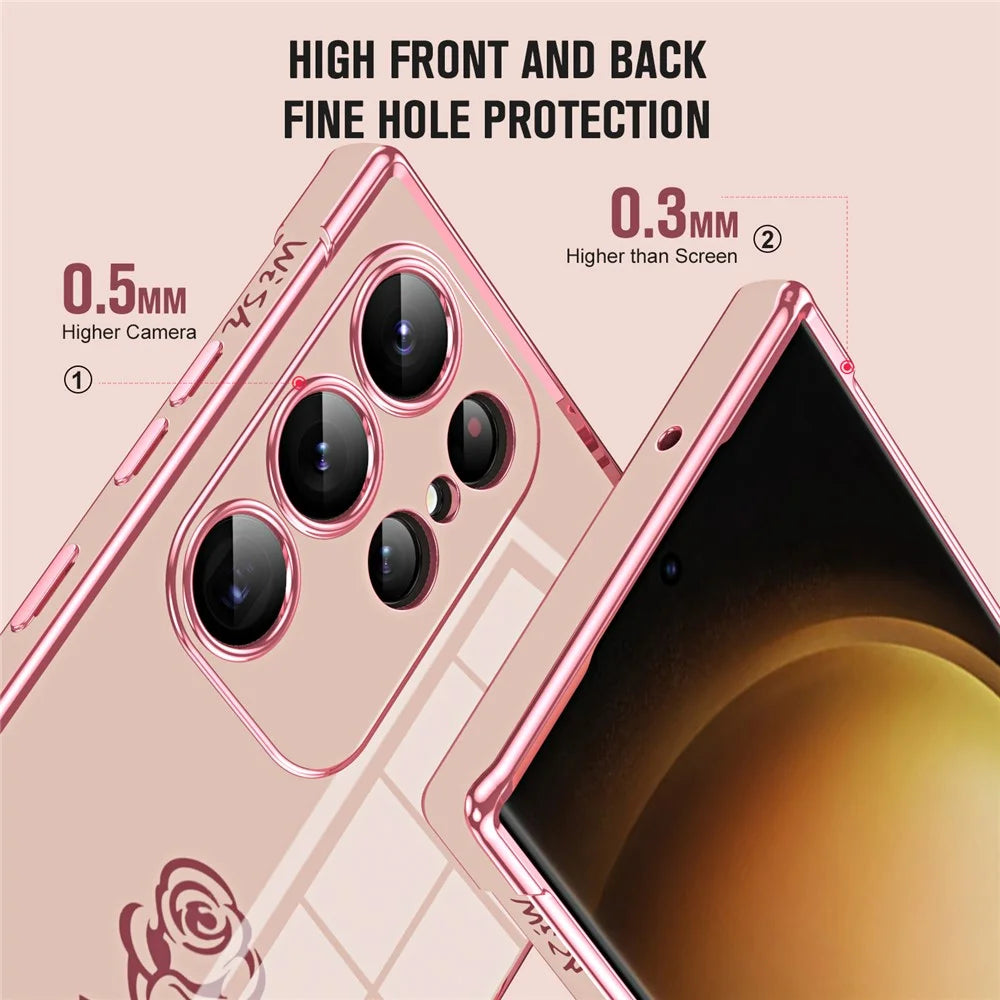 For Samsung Galaxy S24 Ultra Case Electroplating Edge Rose Pattern TPU Phone Back Cover Airbag Drop Proof - Rose Pink - 3