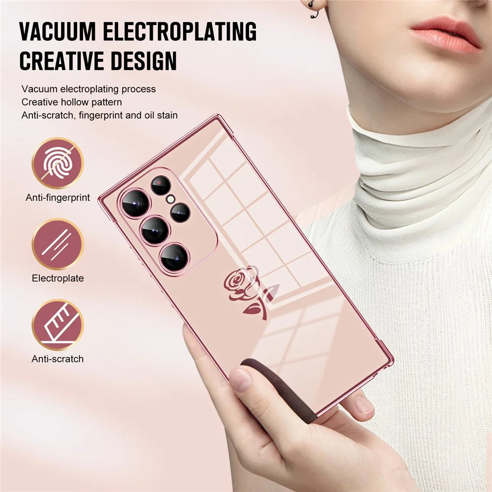 For Samsung Galaxy S24 Ultra Case Electroplating Edge Rose Pattern TPU Phone Back Cover Airbag Drop Proof - Rose Pink - 4