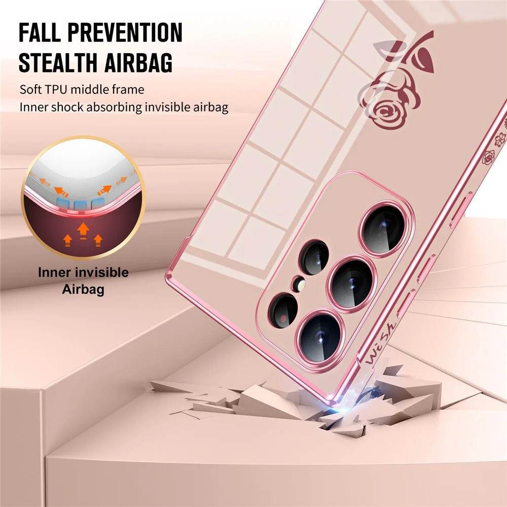 For Samsung Galaxy S24 Ultra Case Electroplating Edge Rose Pattern TPU Phone Back Cover Airbag Drop Proof - Rose Pink - 6