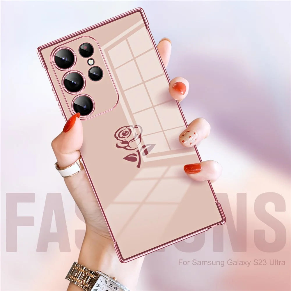 For Samsung Galaxy S24 Ultra Case Electroplating Edge Rose Pattern TPU Phone Back Cover Airbag Drop Proof - Rose Pink - 7