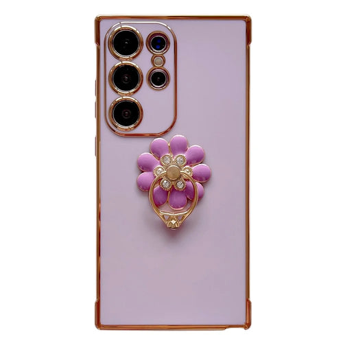 For Samsung Galaxy S25 Ultra Case with Ring Kickstand Rose Flower Electroplated TPU Phone Cover - Purple - 1