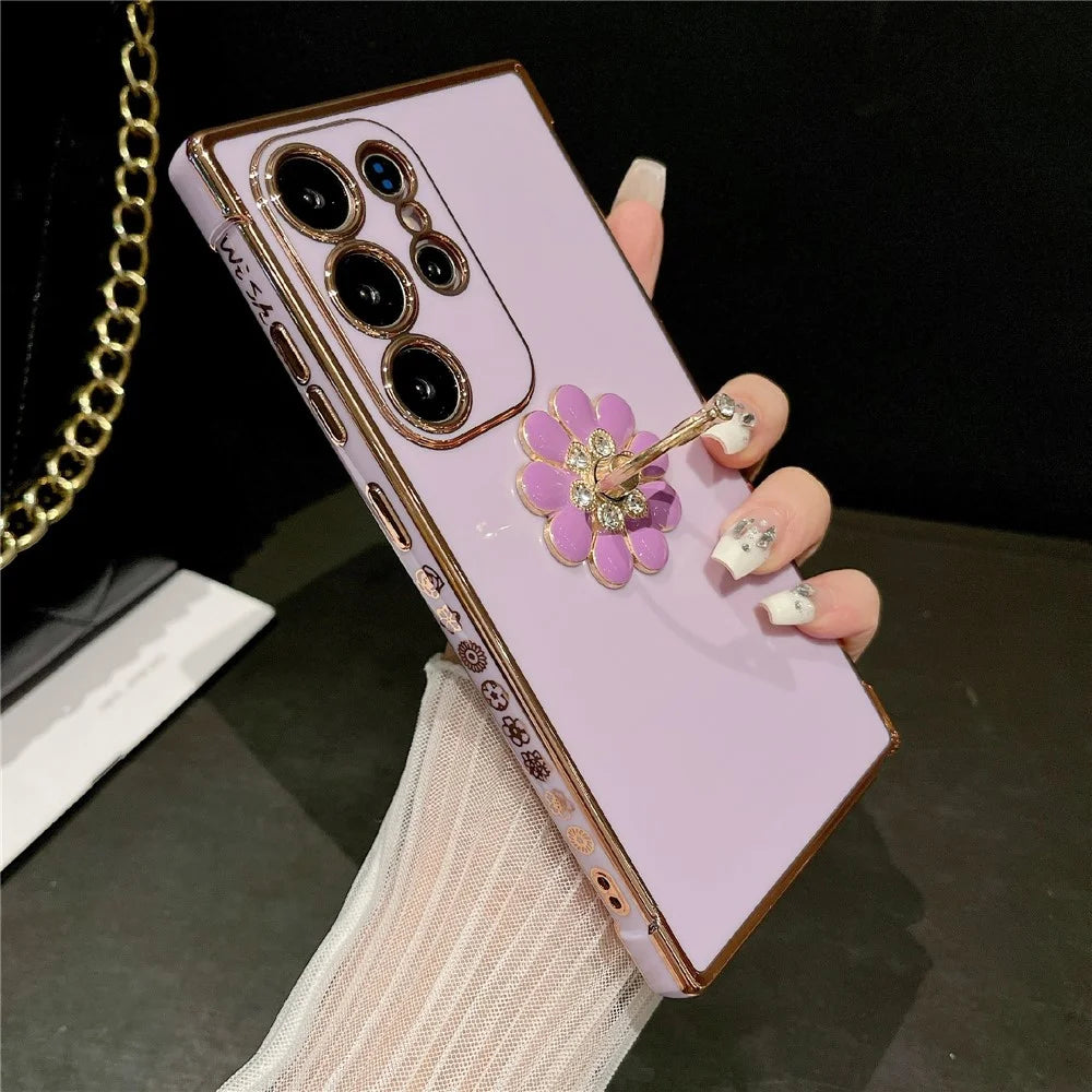 For Samsung Galaxy S25 Ultra Case with Ring Kickstand Rose Flower Electroplated TPU Phone Cover - Purple - 2