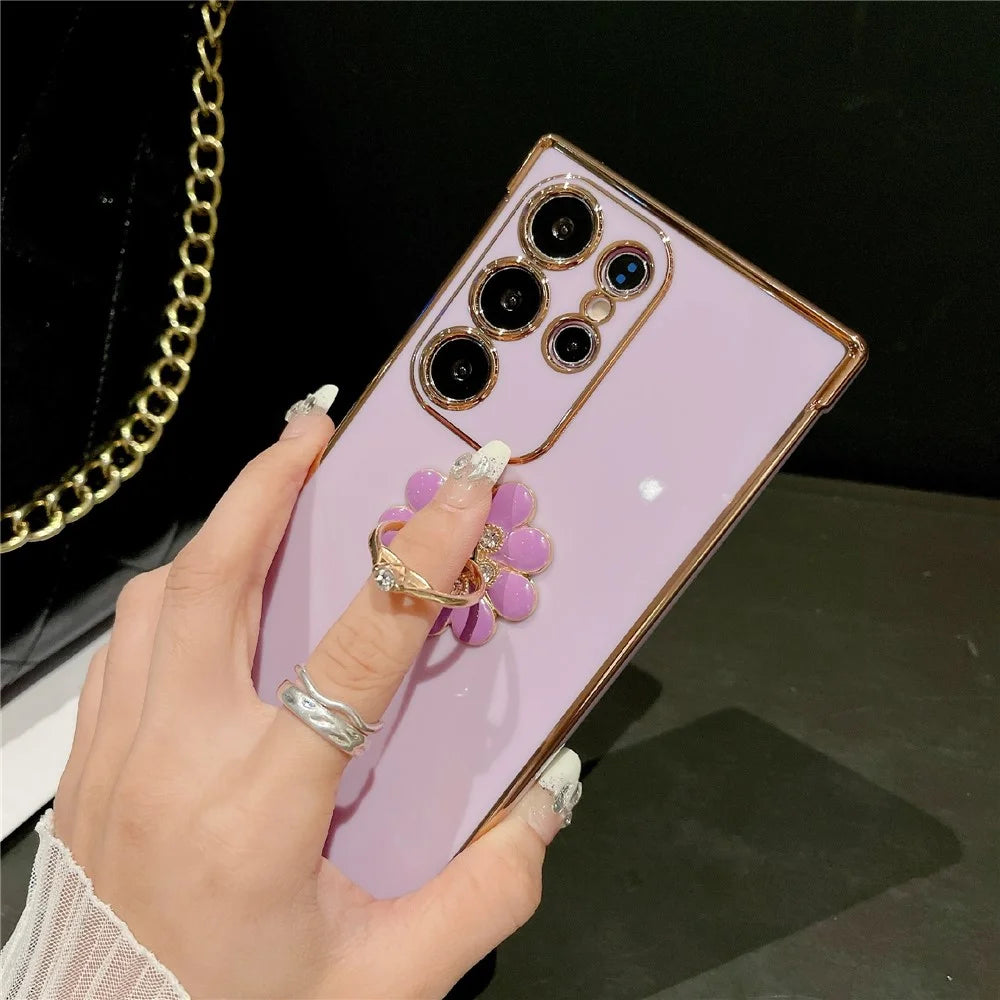 For Samsung Galaxy S25 Ultra Case with Ring Kickstand Rose Flower Electroplated TPU Phone Cover - Purple - 3