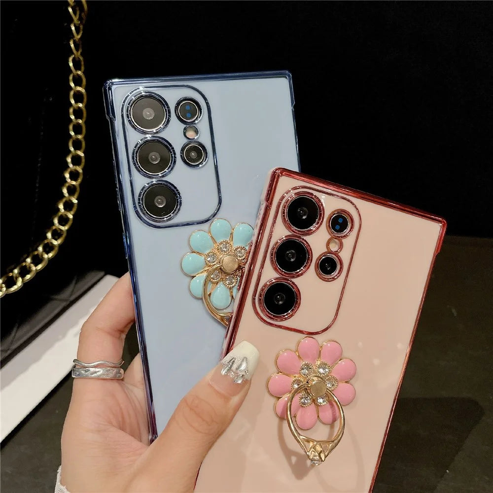 For Samsung Galaxy S25 Ultra Case with Ring Kickstand Rose Flower Electroplated TPU Phone Cover - Purple - 6