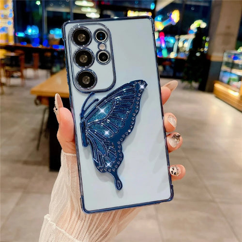 For Samsung Galaxy S25 Ultra Case with Glittering Butterfly Kickstand Rose Flower Electroplated TPU Phone Cover - Blue - 1