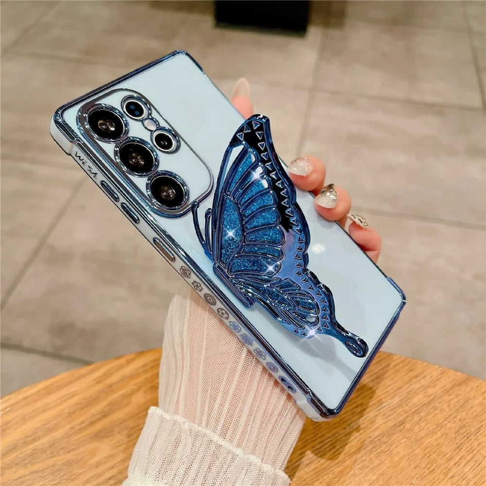 For Samsung Galaxy S25 Ultra Case with Glittering Butterfly Kickstand Rose Flower Electroplated TPU Phone Cover - Blue - 3