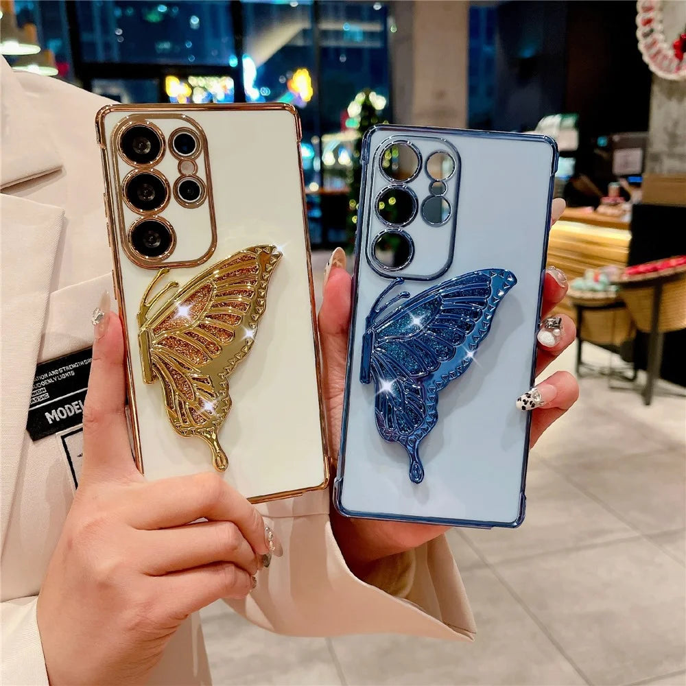 For Samsung Galaxy S25 Ultra Case with Glittering Butterfly Kickstand Rose Flower Electroplated TPU Phone Cover - Blue - 5