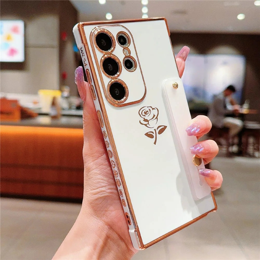 For Samsung Galaxy S25 Ultra Case with Strap Kickstand Rose Flower Electroplated TPU Phone Cover - Ivory White - 1