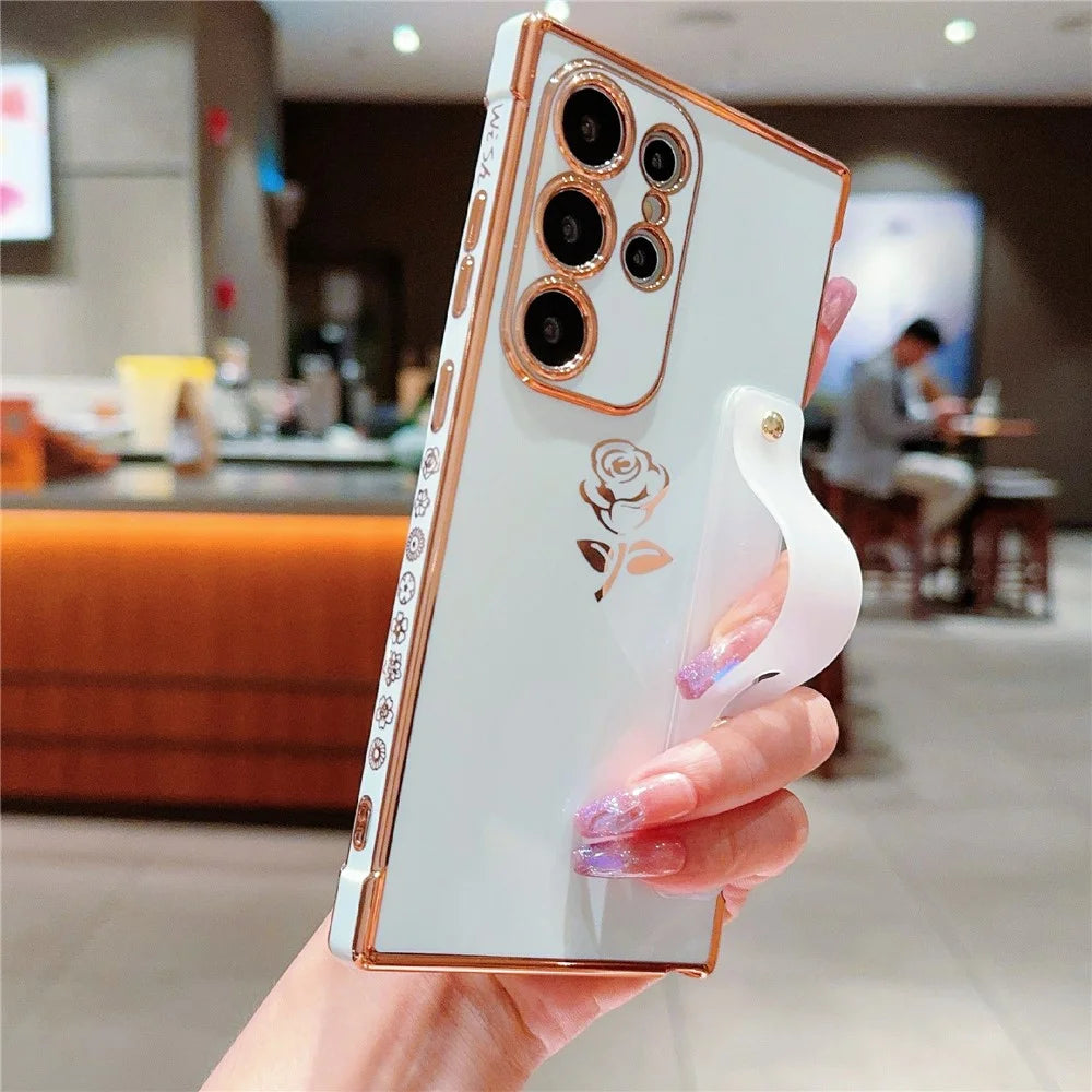 For Samsung Galaxy S25 Ultra Case with Strap Kickstand Rose Flower Electroplated TPU Phone Cover - Ivory White - 2