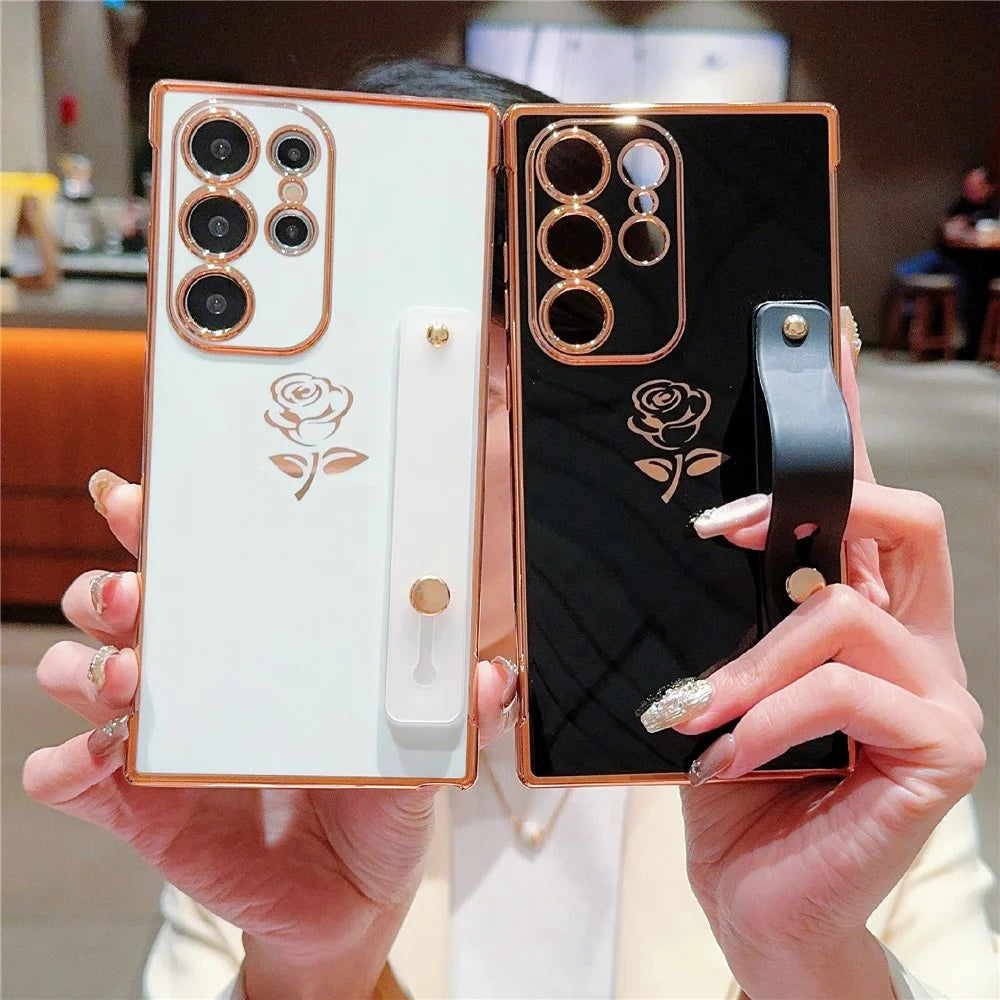 For Samsung Galaxy S25 Ultra Case with Strap Kickstand Rose Flower Electroplated TPU Phone Cover - Ivory White - 5
