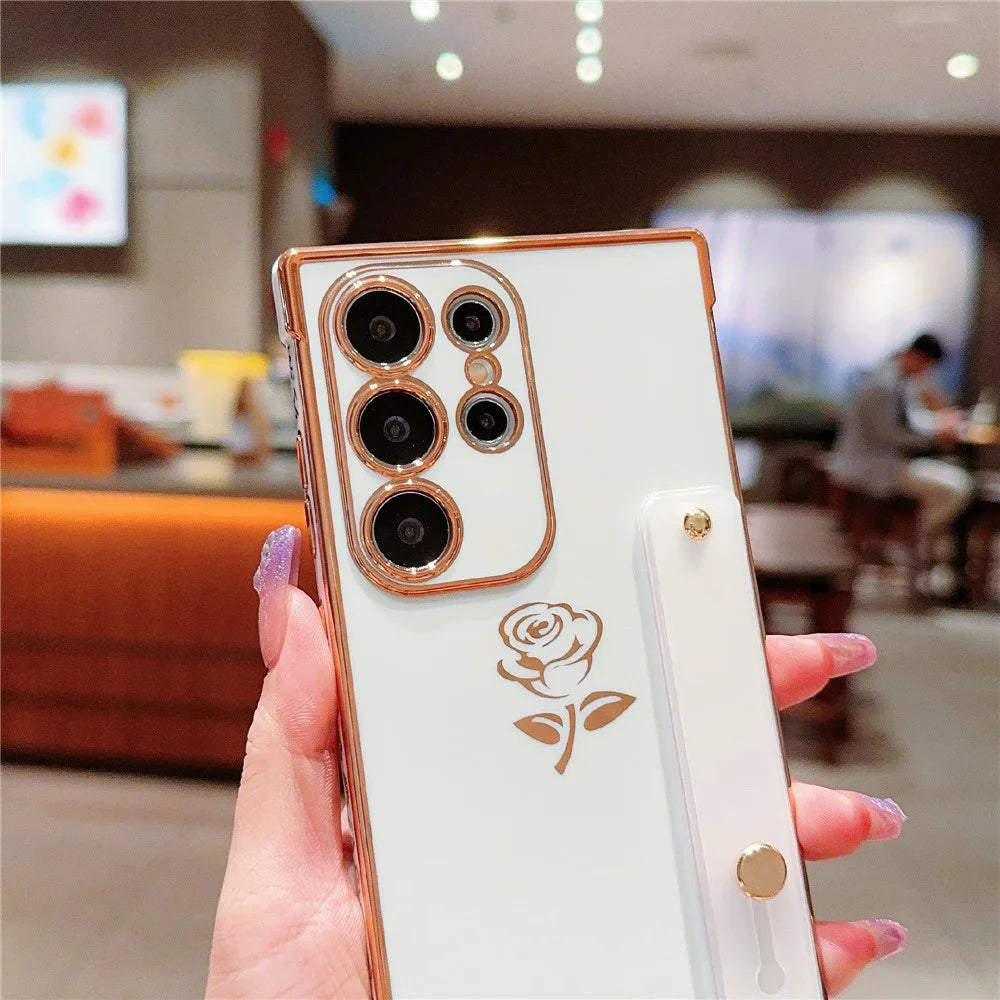 For Samsung Galaxy S25 Ultra Case with Strap Kickstand Rose Flower Electroplated TPU Phone Cover - Ivory White - 6