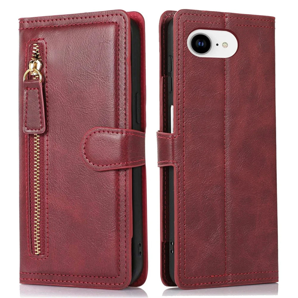 For iPhone 17e / 16e Case Zipper Flip Leather Phone Cover with Card Holder - Red - 1