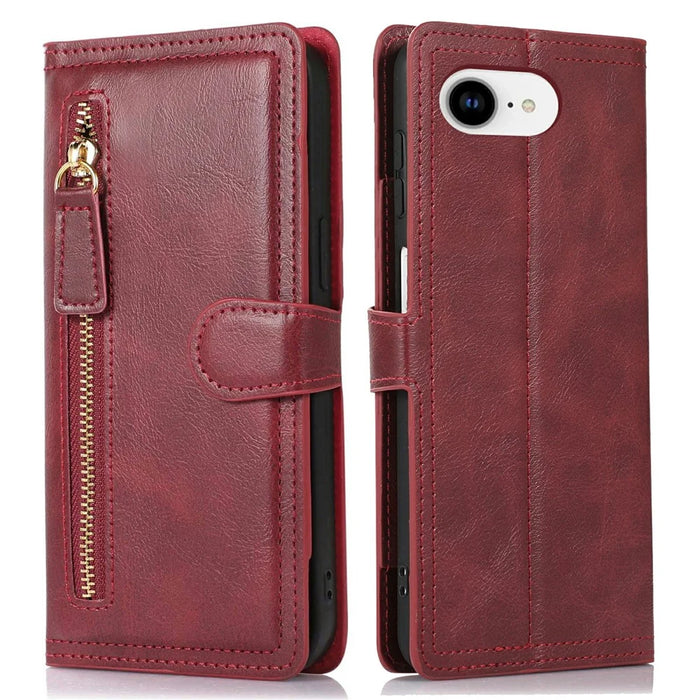 For iPhone 17e / 16e Case Zipper Flip Leather Phone Cover with Card Holder - Red - 1