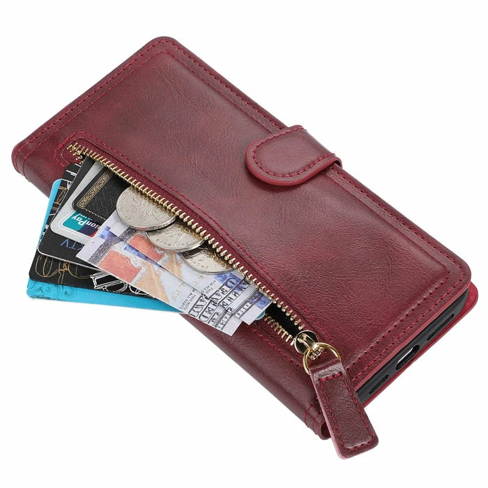 For iPhone 17e / 16e Case Zipper Flip Leather Phone Cover with Card Holder - Red - 4