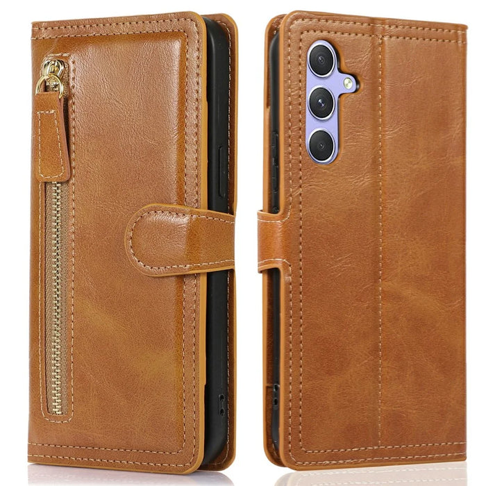 For Samsung Galaxy S25 Case Zipper Flip Leather Phone Cover with Card Holder - Orange - 1