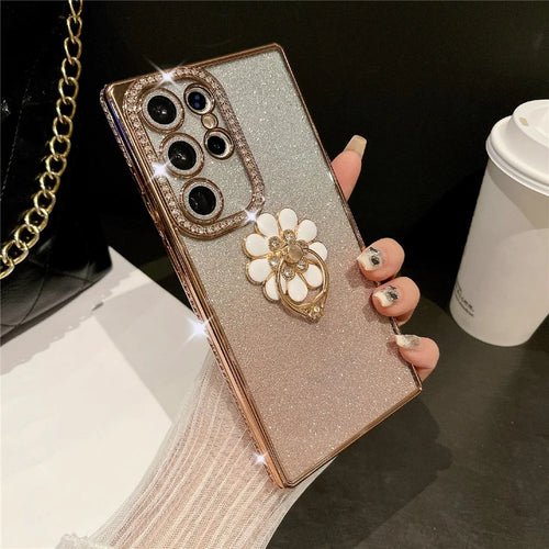 For Samsung Galaxy S25 Ultra Case Electroplated Edge Kickstand Phone Cover with Camera Lens Film - Gold - 1