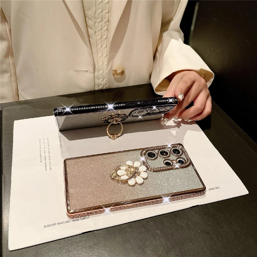 For Samsung Galaxy S25 Ultra Case Electroplated Edge Kickstand Phone Cover with Camera Lens Film - Gold - 3