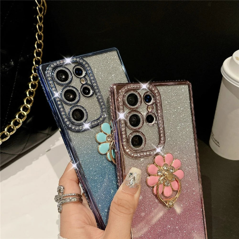 For Samsung Galaxy S25 Ultra Case Electroplated Edge Kickstand Phone Cover with Camera Lens Film - Gold - 5