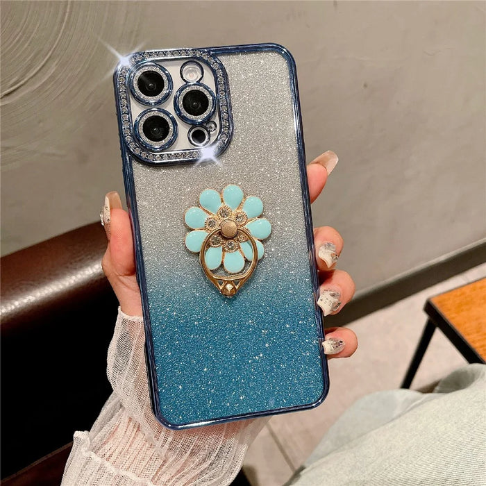 For iPhone 16 Pro Max Case Electroplated Edge Kickstand Phone Cover with Camera Lens Film - Blue - 1