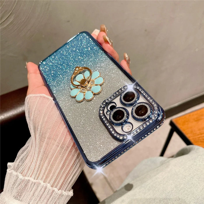 For iPhone 16 Pro Max Case Electroplated Edge Kickstand Phone Cover with Camera Lens Film - Blue - 2