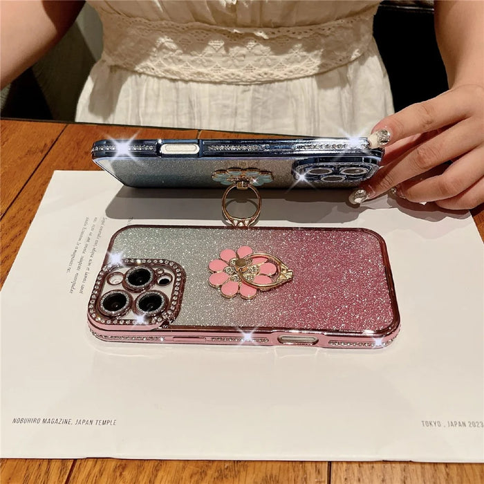 For iPhone 16 Pro Max Case Electroplated Edge Kickstand Phone Cover with Camera Lens Film - Blue - 3