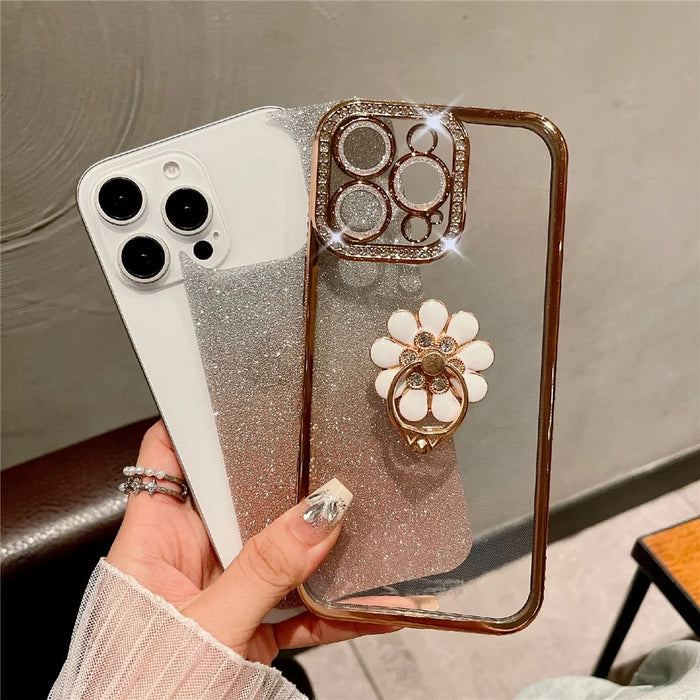 For iPhone 16 Pro Max Case Electroplated Edge Kickstand Phone Cover with Camera Lens Film - Blue - 4