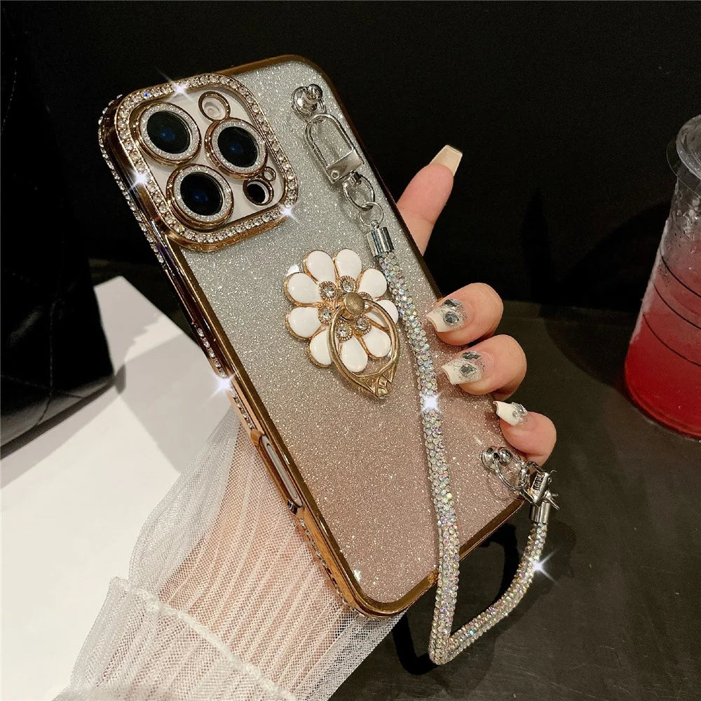 For iPhone 16 Pro Max Case with Rhinestones Strap Kickstand Phone Cover Built In Lens Film - Gold - 1