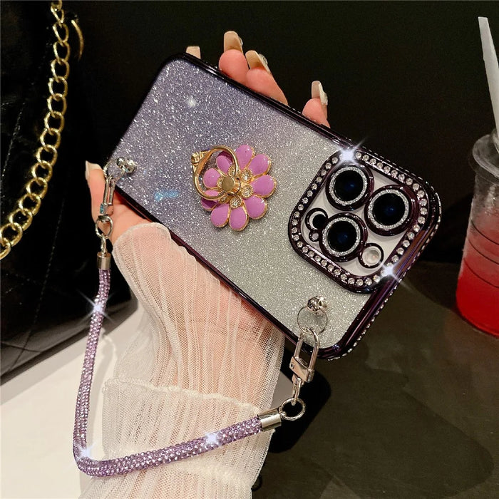 For iPhone 16 Pro Max Case with Rhinestones Strap Kickstand Phone Cover Built In Lens Film - Gold - 5