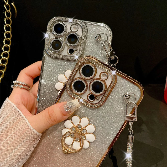 For iPhone 16 Pro Max Case with Rhinestones Strap Kickstand Phone Cover Built In Lens Film - Gold - 6